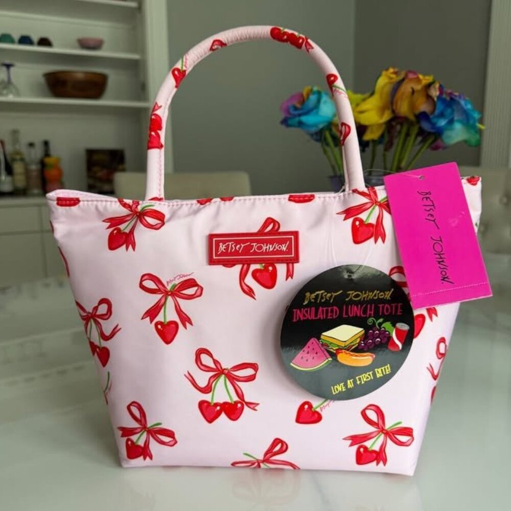 Betsey Johnson Cherry Bow Lunch Tote Bag Coquette Pink Red NWT